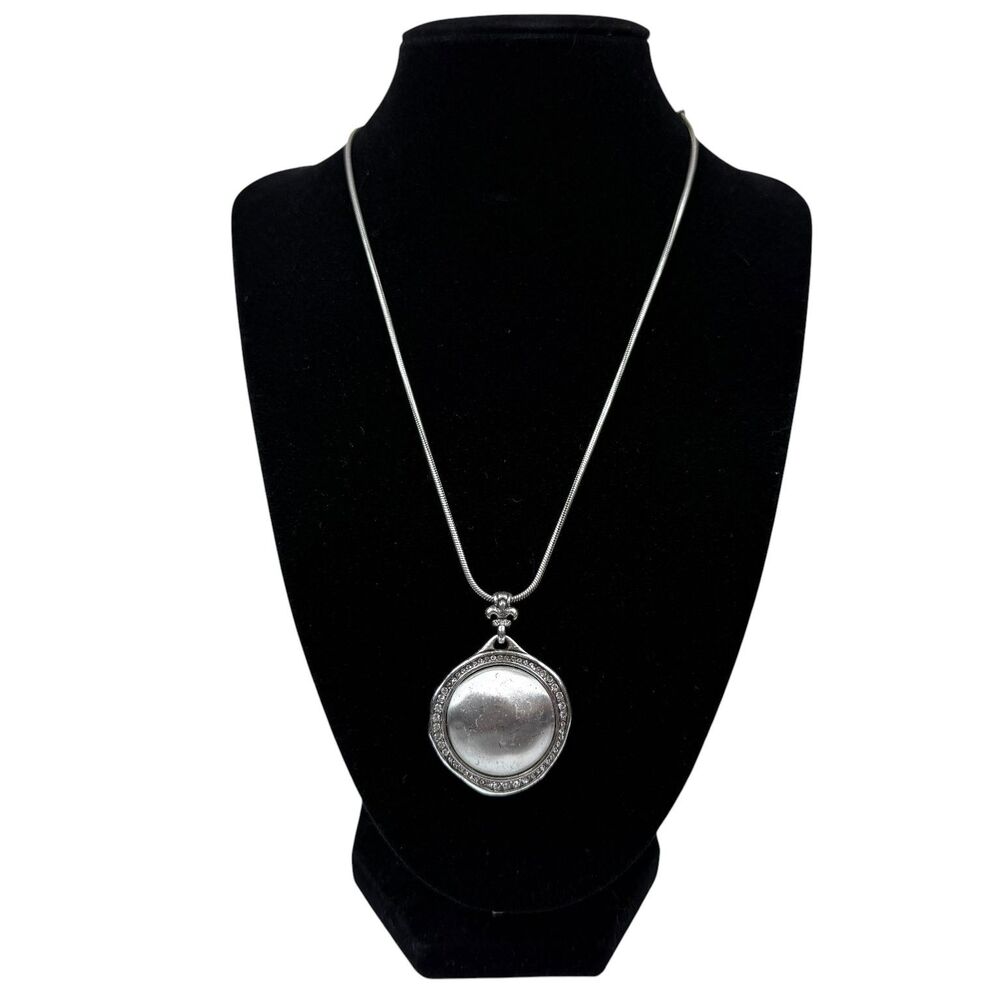 Brighton Silver Tone Snake Chain Necklace Round Pendant Clear Silver Stone 16"